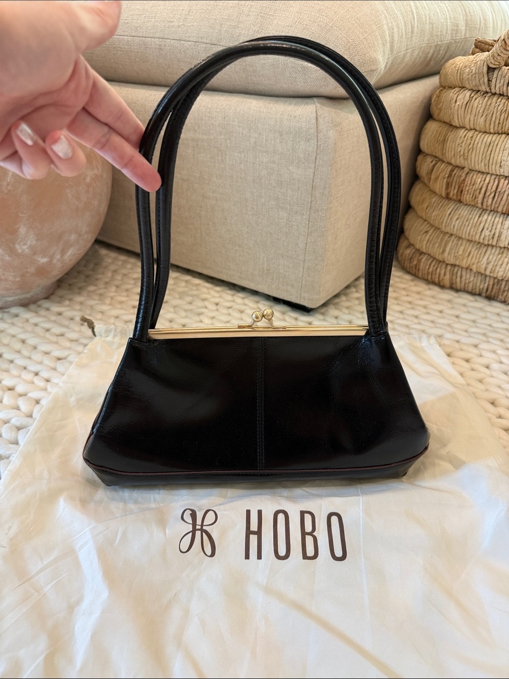 HOBO Black Leather Frame-Top Hobo Shoulder Bag with Gold Accent